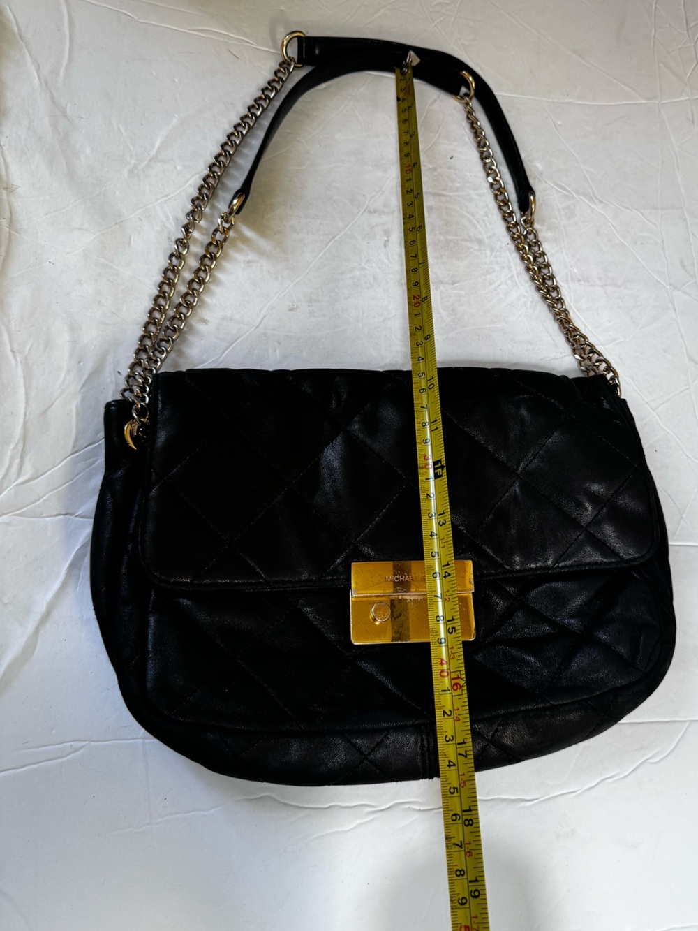 Michael Kors Leather Sloan Quilted Flap Shoulder Bag Chain Crossbody Black Gold - Picture 14 of 16